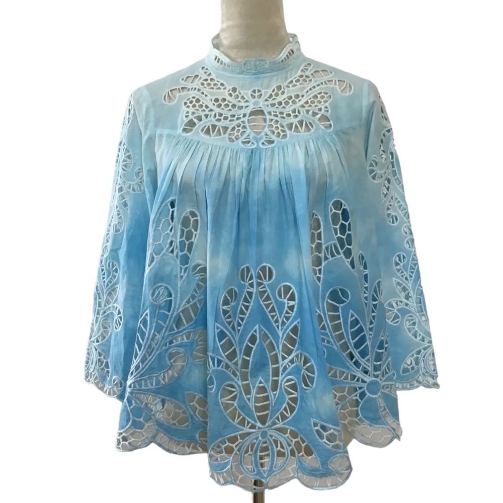 Anthropologie Harlyn Boho Embroidered Hollow Lace Tie Dye Blouse NEW - Picture 3 of 9